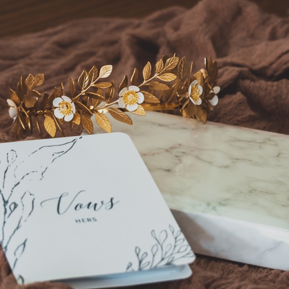Gold Laurel Leaf Wedding Crown with White Flowers